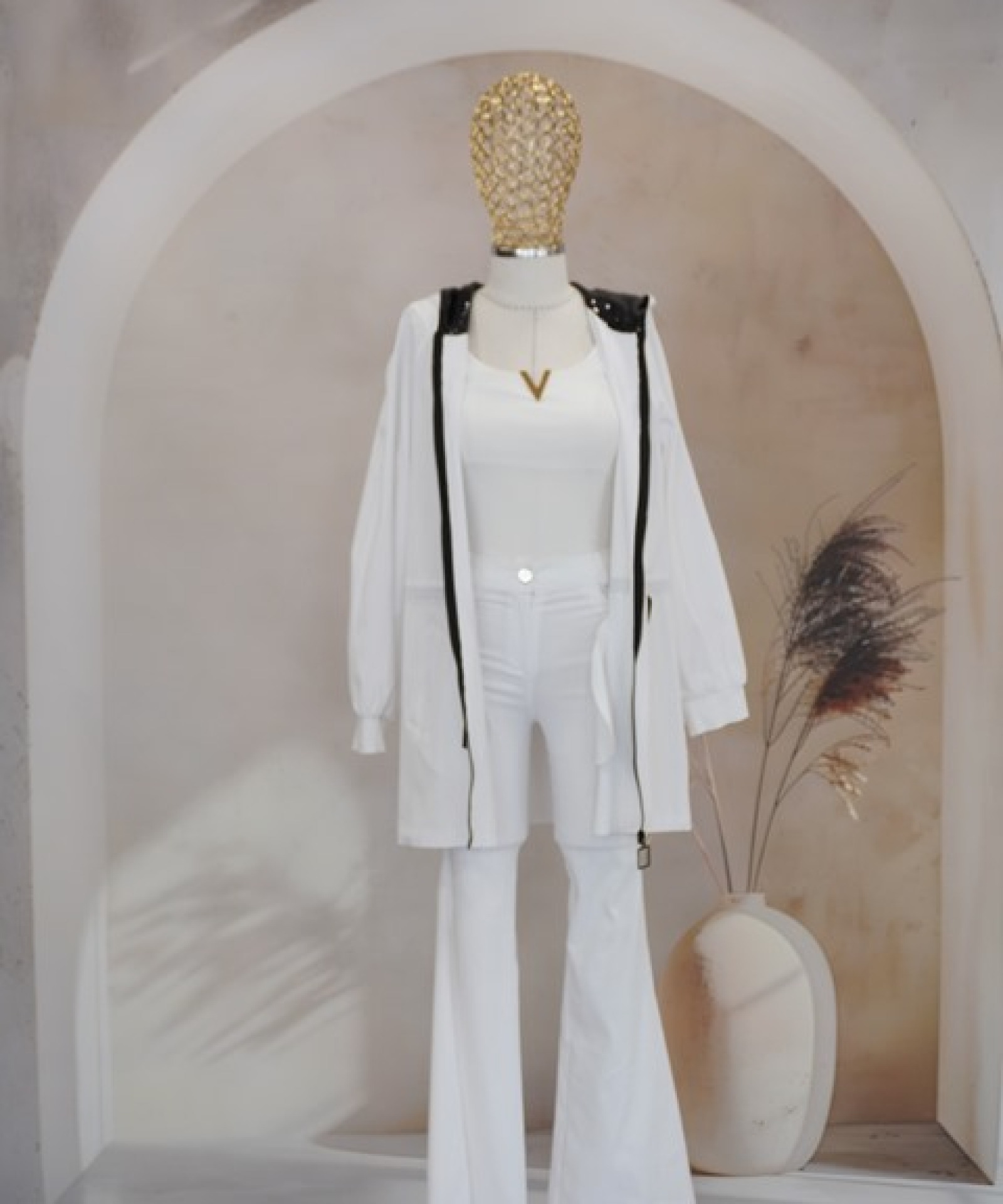 MİARUJ KAPŞONLU PAYETLİ BEYAZ ÇEKET