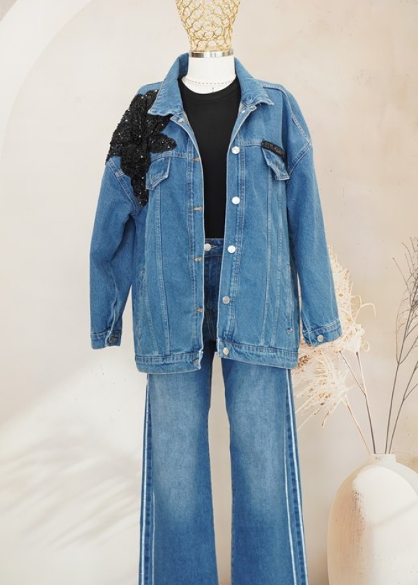 İTHAL SİYAH TAŞ İŞLEMELİ KOT CEKET