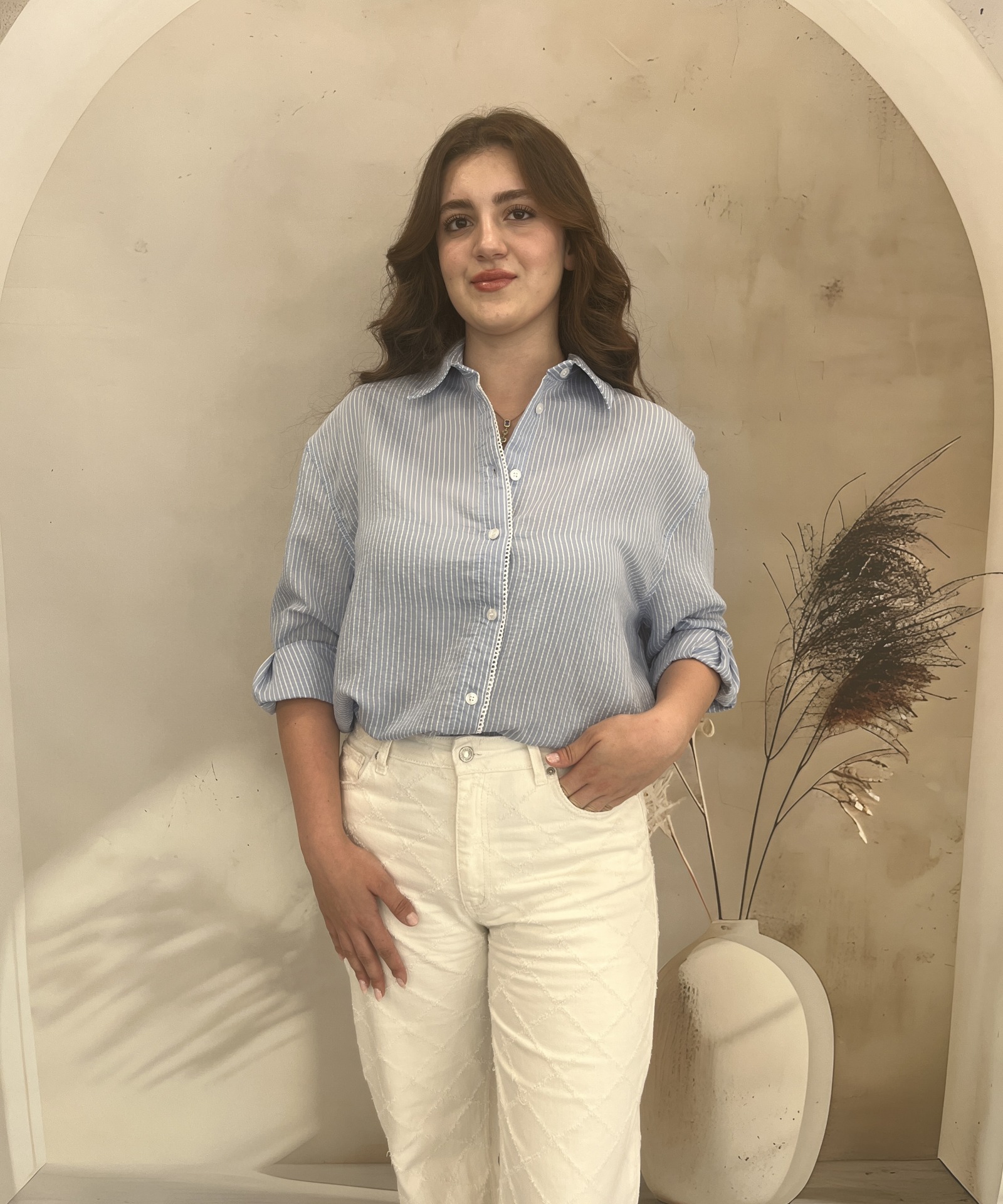 DANTELLİ ÇİZGİLİ MAVİ GÖMLEK 